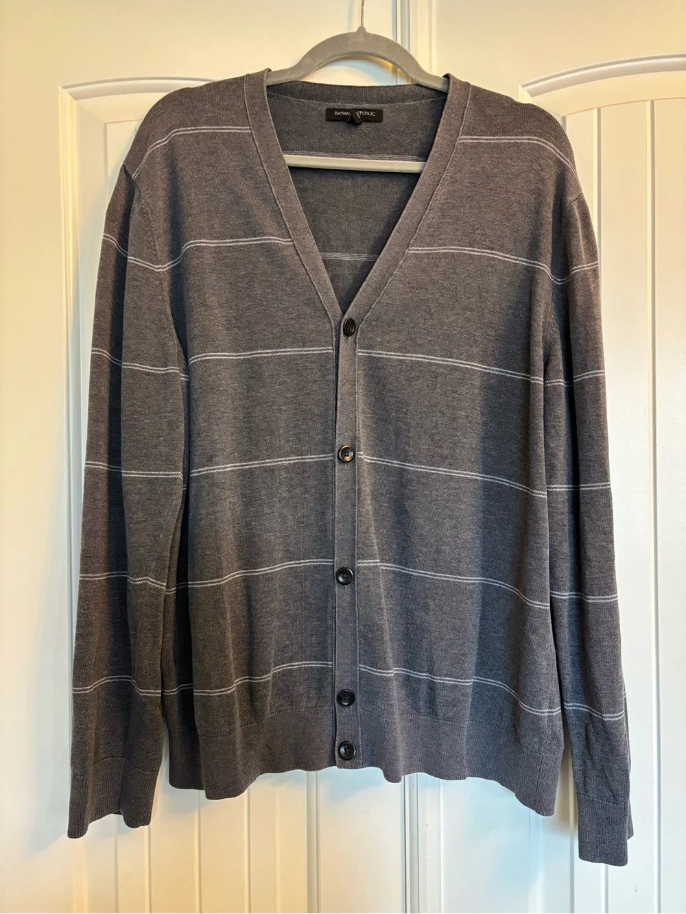 Banana Republic Men's Charcoal Gray Stripe V-Neck Cardigan